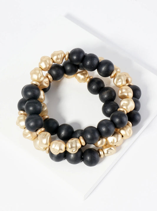 Set Of 3 Two-Tone Wood Beads Stackable Stretch Bracelet
