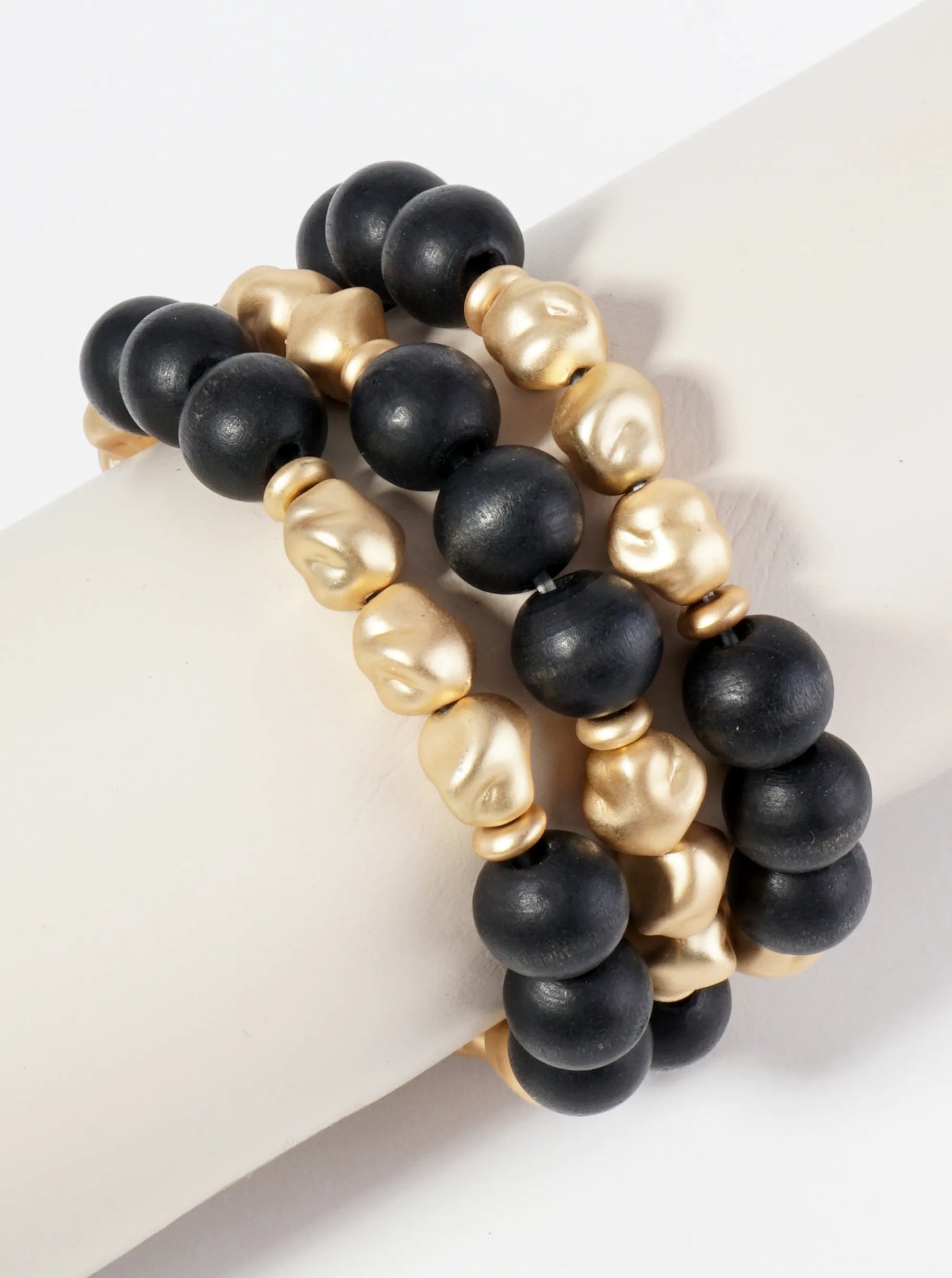 Set Of 3 Two-Tone Wood Beads Stackable Stretch Bracelet