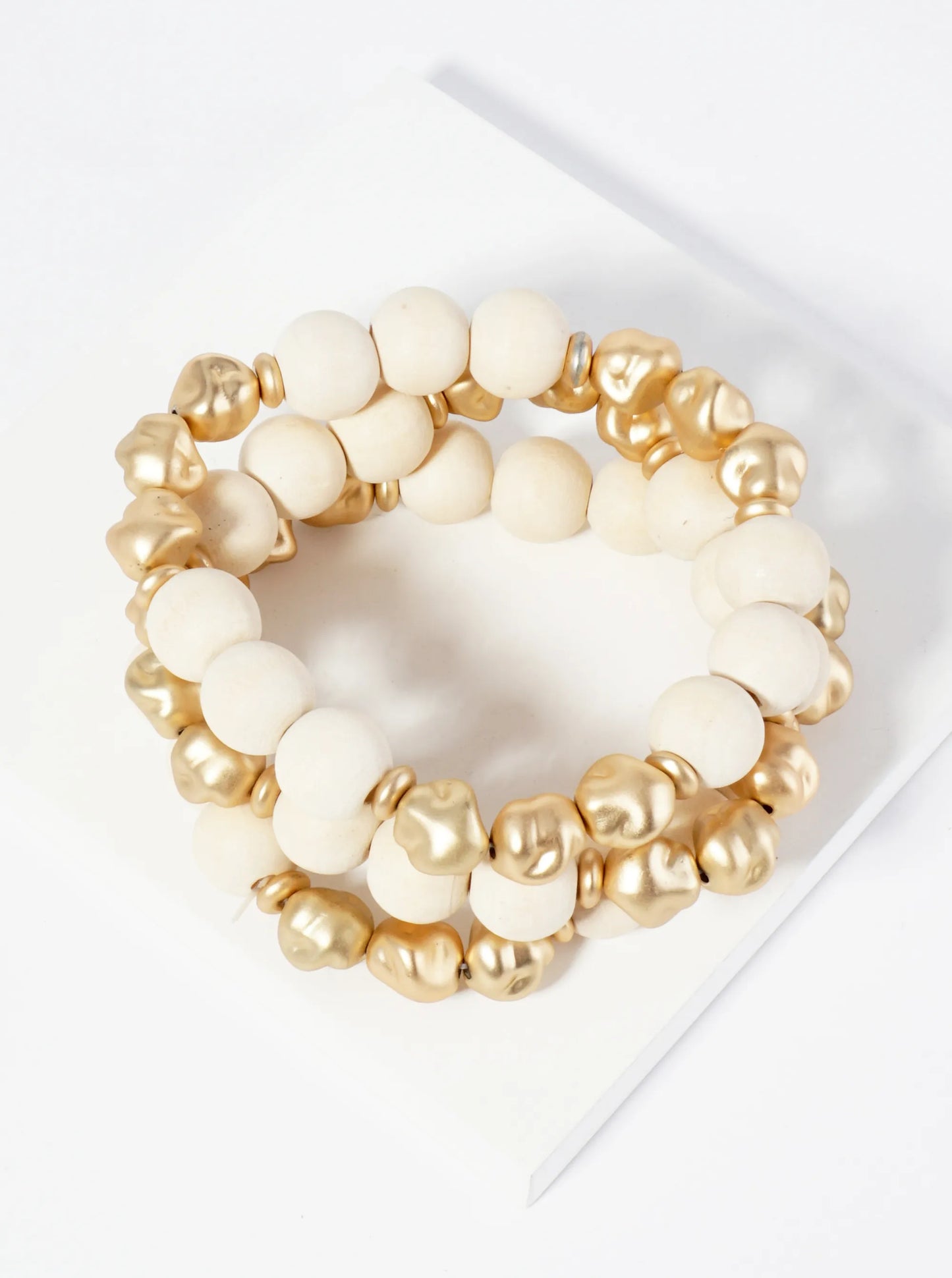 Set Of 3 Two-Tone Wood Beads Stackable Stretch Bracelet