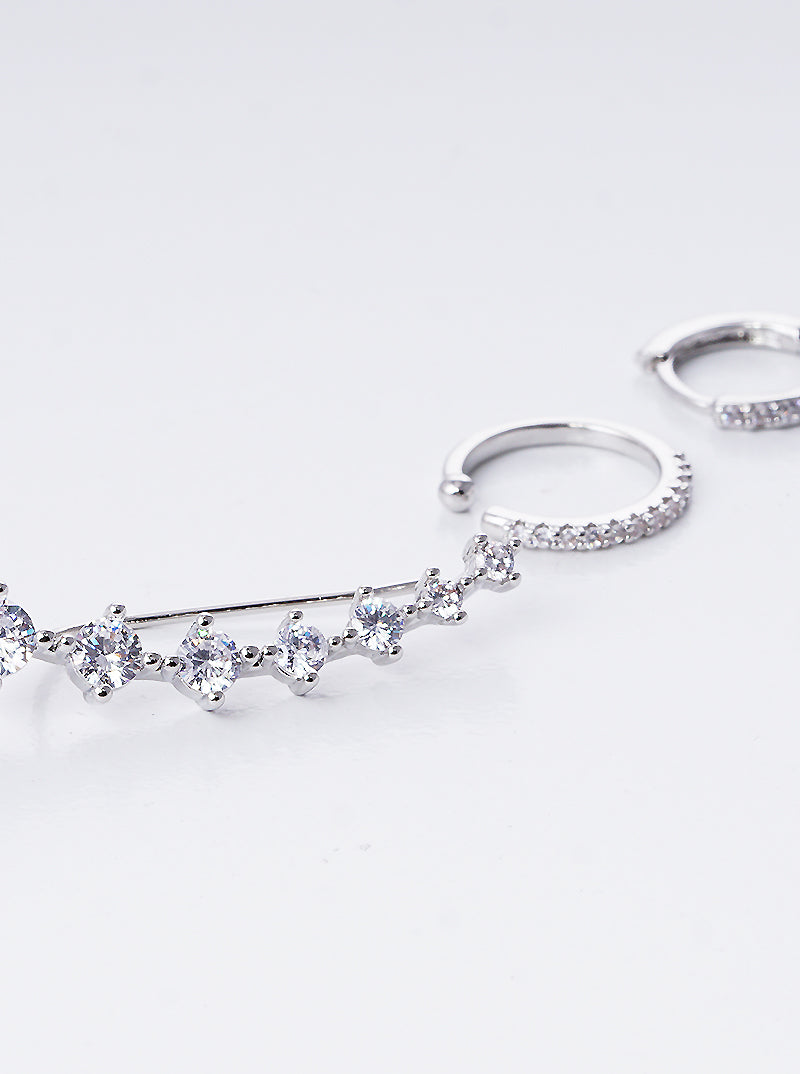 Set Of 3 White Gold Dipped 4-Prong Crown Round CZ Ear Crawler With Ear Cuff And Huggie Hoop Earrings