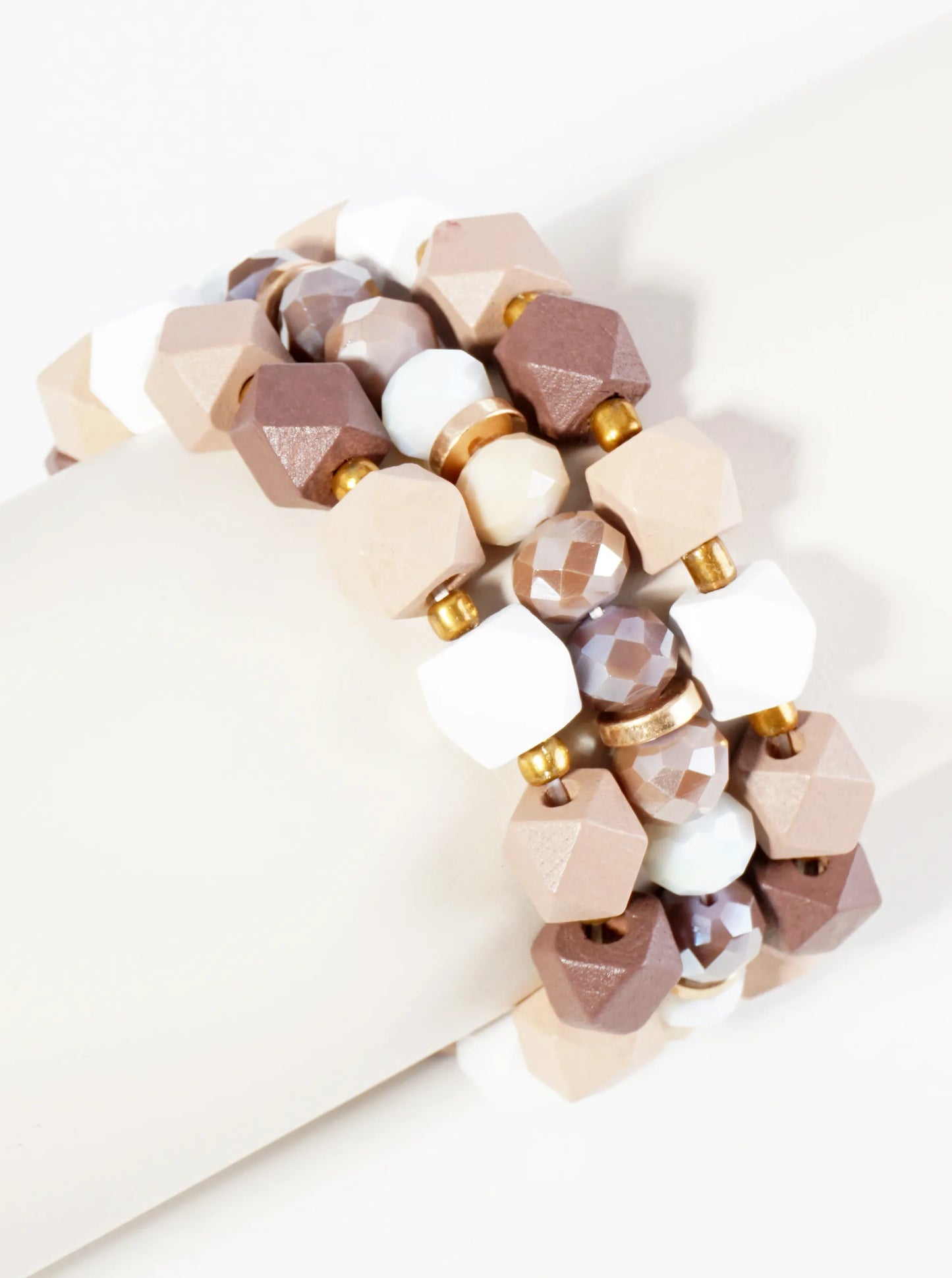 Set Of 3 Wood And Glass Beaded Stretch Stackable Bracelet