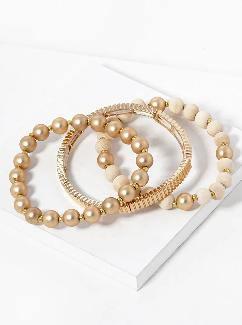 Set Of 3 Wood And Metallic Beaded Stretch Bracelet