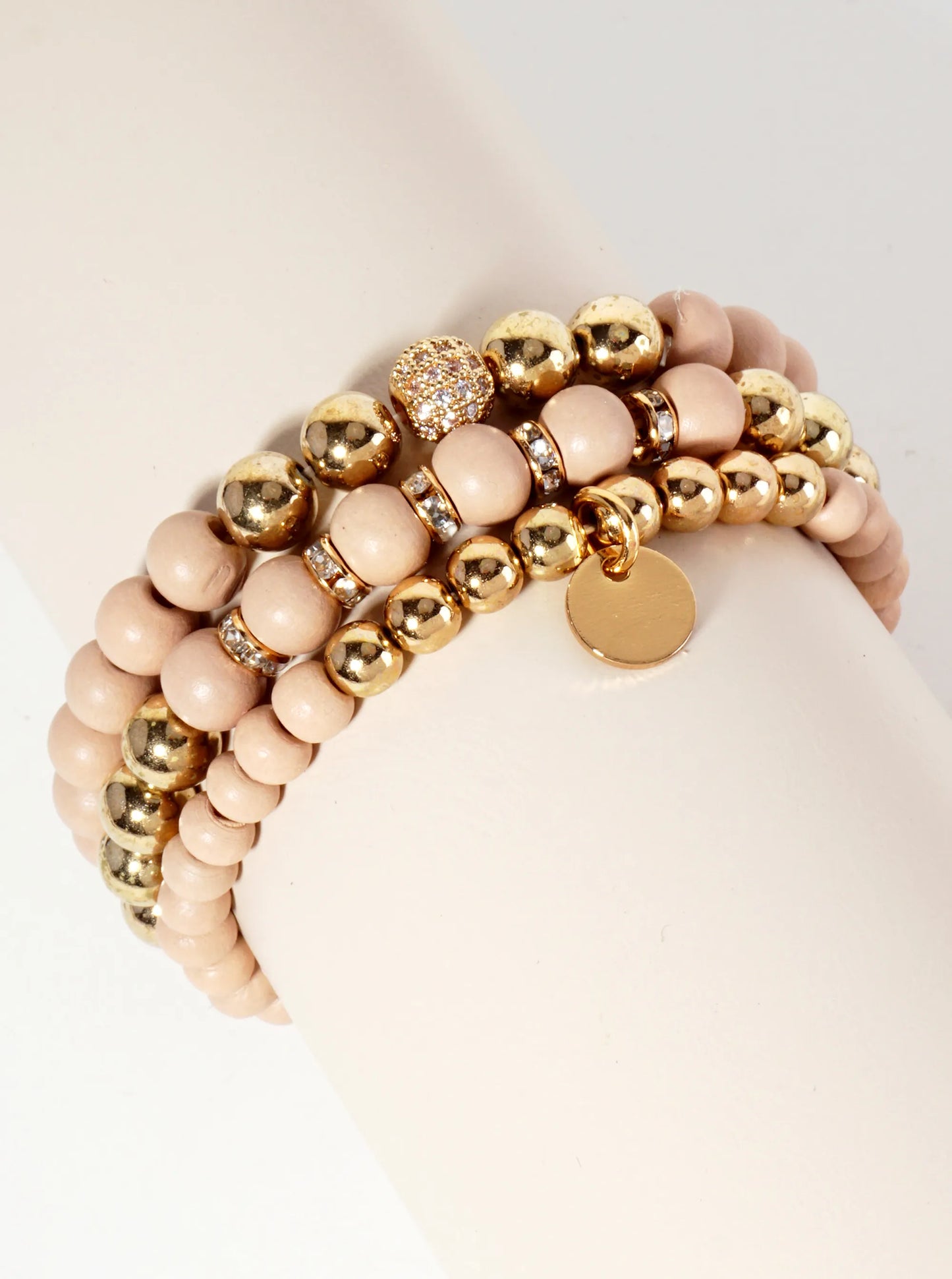 Set-of-3 Wood And Metallic-Beads Stackable Stretch Bracelet With Crystal-Pave Ball-Bead Accent