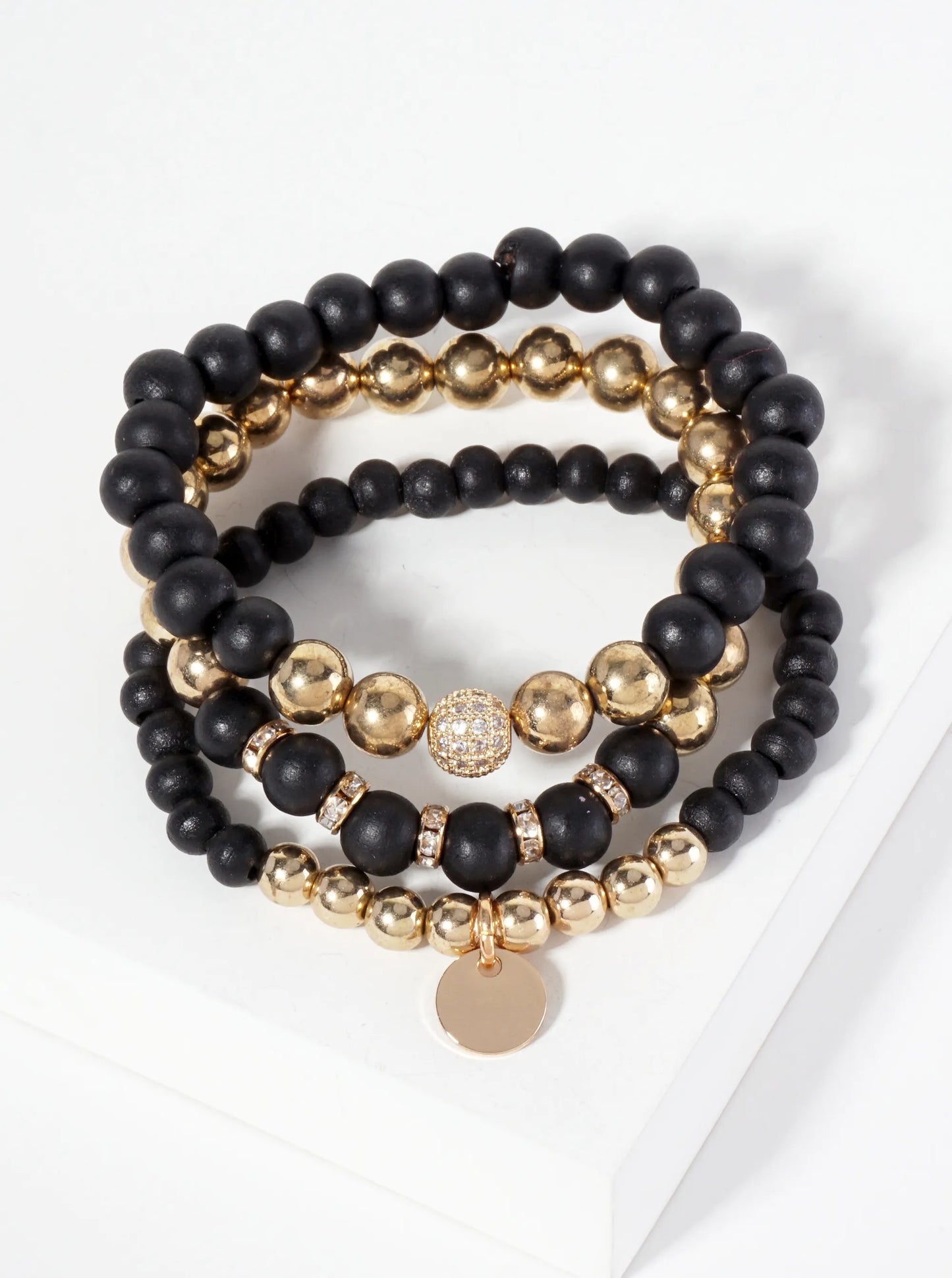 Set-of-3 Wood And Metallic-Beads Stackable Stretch Bracelet With Crystal-Pave Ball-Bead Accent