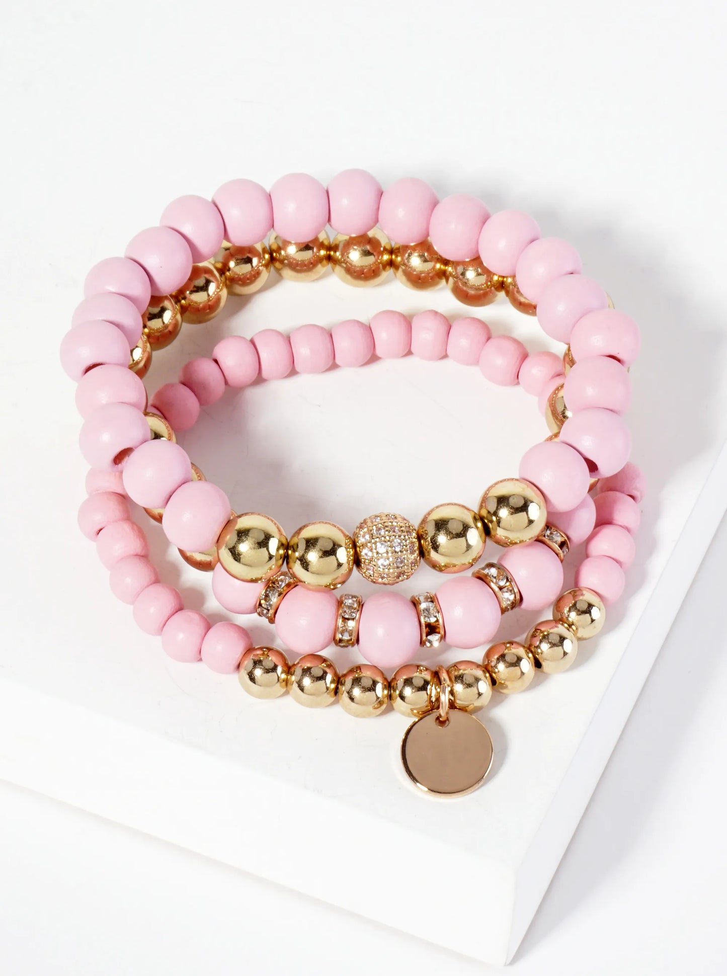Set-of-3 Wood And Metallic-Beads Stackable Stretch Bracelet With Crystal-Pave Ball-Bead Accent