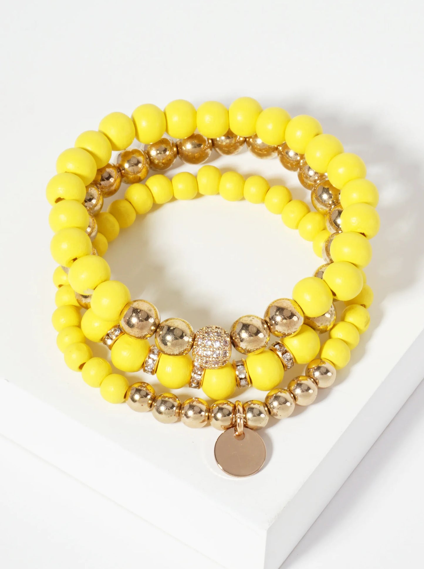 Set-of-3 Wood And Metallic-Beads Stackable Stretch Bracelet With Crystal-Pave Ball-Bead Accent