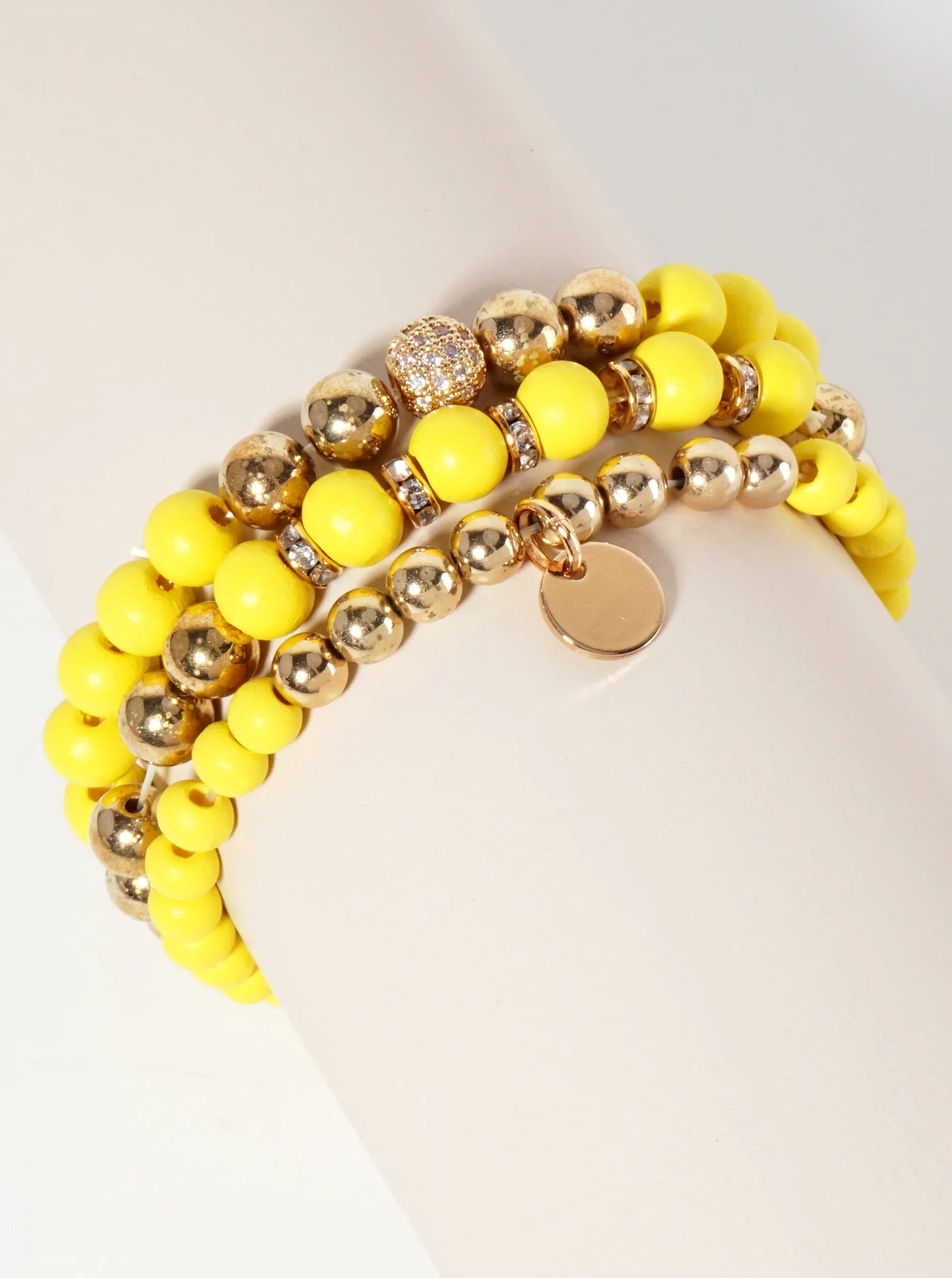 Set-of-3 Wood And Metallic-Beads Stackable Stretch Bracelet With Crystal-Pave Ball-Bead Accent
