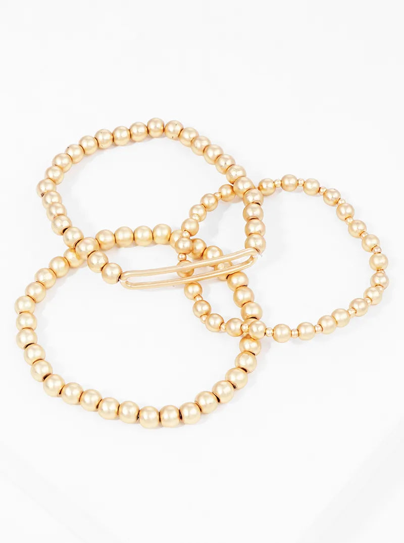 Set Of 3 Curved Bar Accent Metallic Bead Stackable Stretch Bracelet