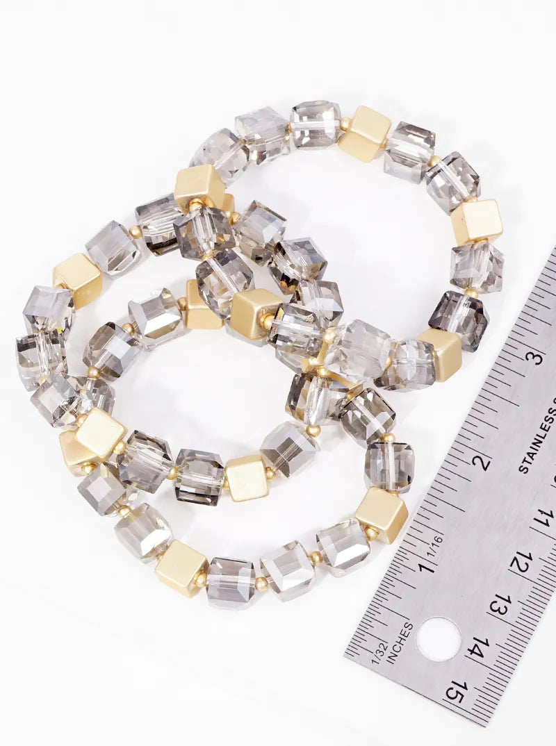 Set Of 3 Faceted Square Bead And Metallic Bead Stackable Stretch Bracelet