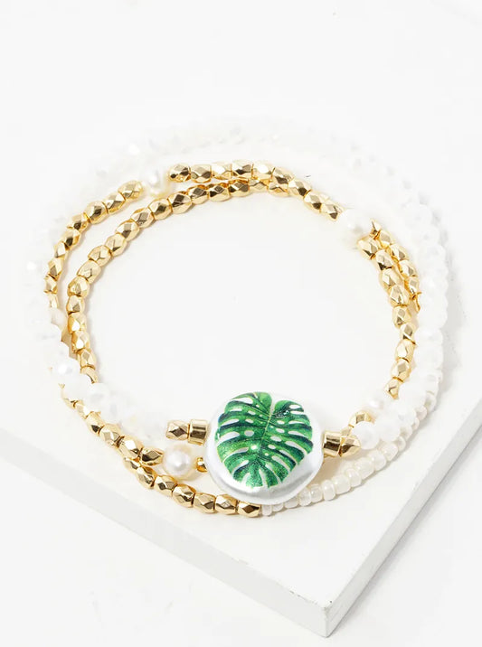 Set Of 3 Pearl And Metallic Beaded Stretch Stackable Bracelet