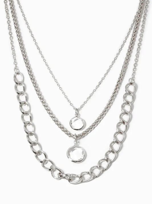 Set Of 3 Round Crystal Pendant Layered Multi Chain Necklace