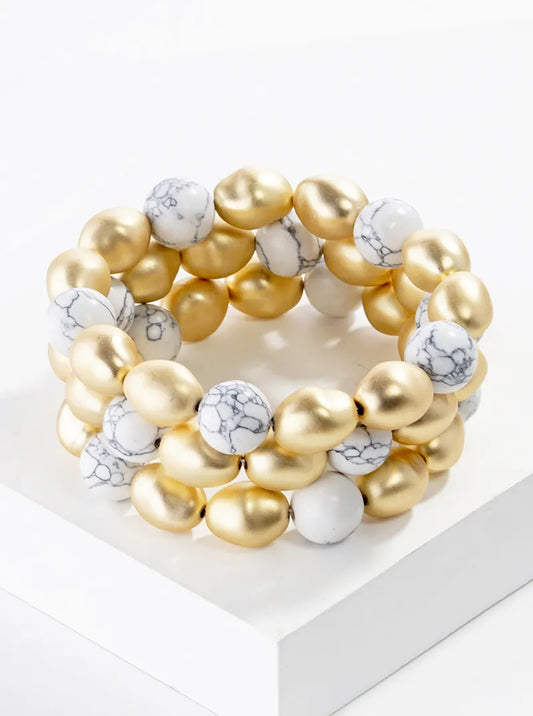 Set Of 3 Semi-precious Natural Stone And Metallic Bead Stretch Stackable Bracelet