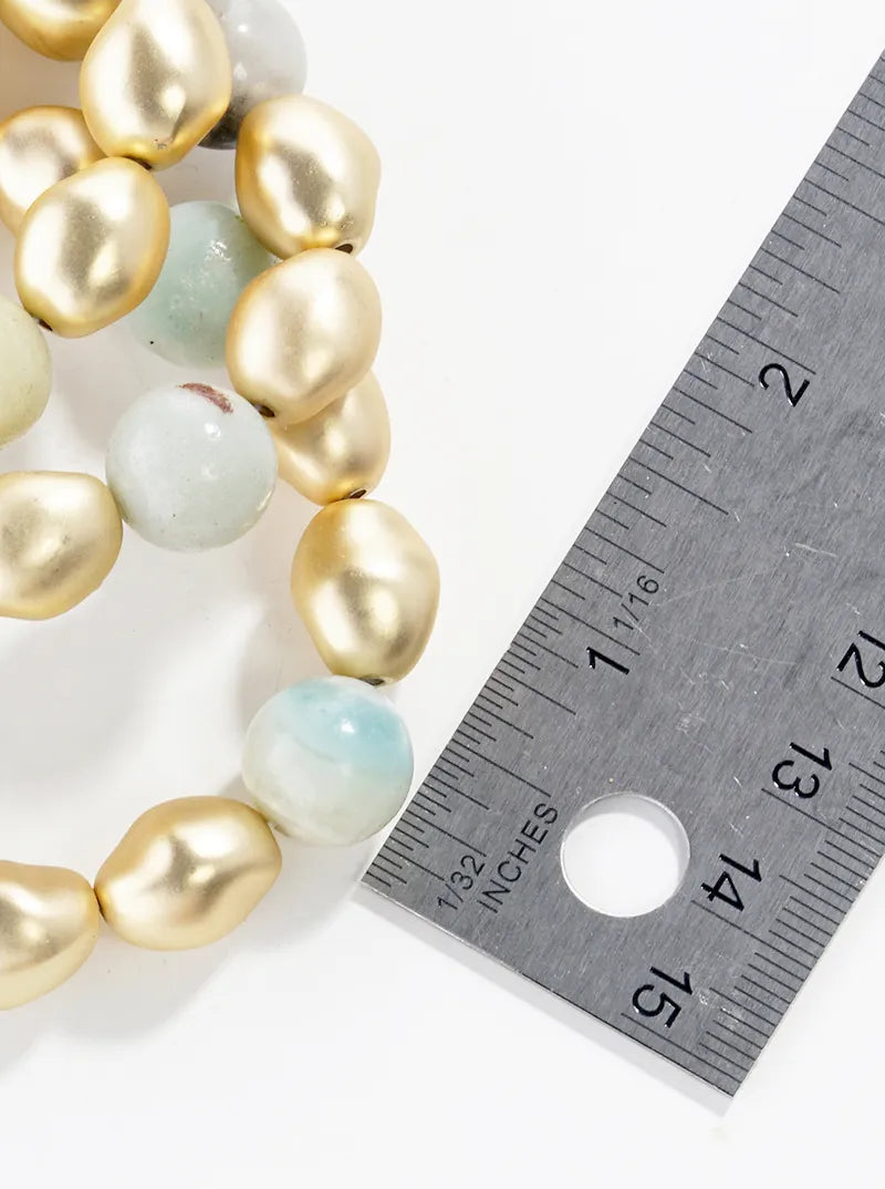 Set Of 3 Semi-precious Natural Stone And Metallic Bead Stretch Stackable Bracelet