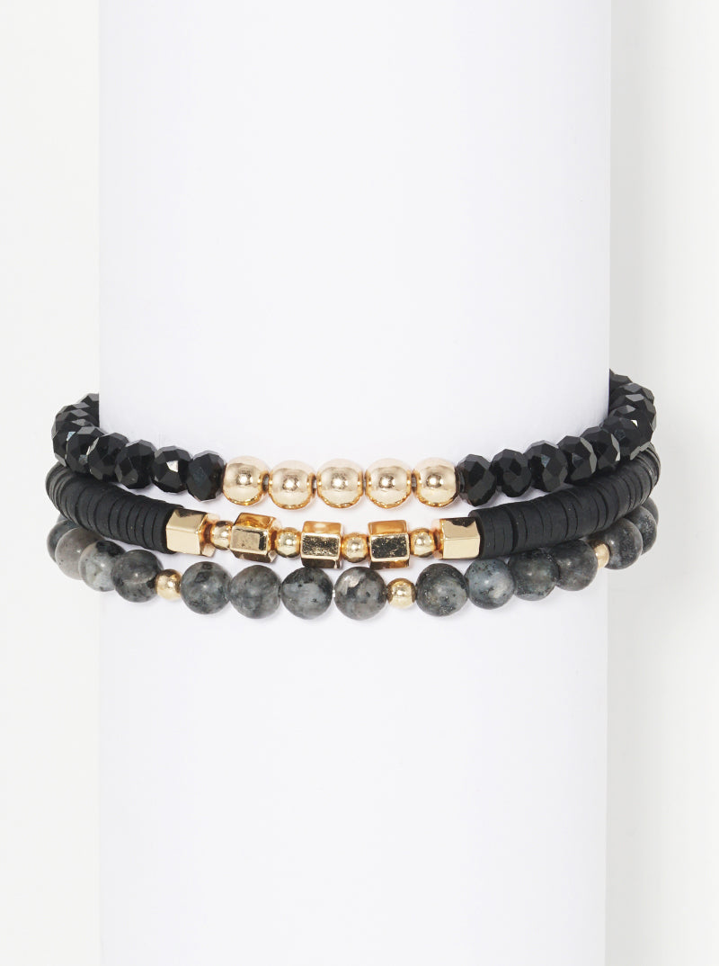 Set Of 3 Semi-precious Natural Stone Rubber Beads Tri Rows Stackable Stretch Bracelet