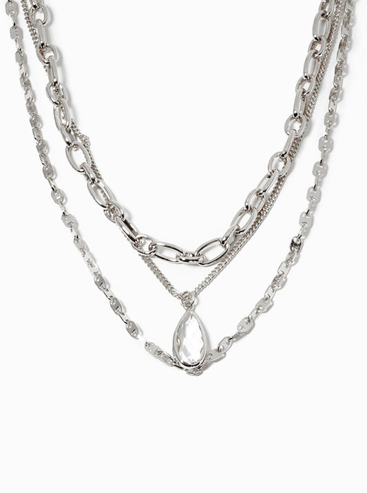 Set Of 3 Teardrop Crystal Pendant Layered Multi Chain Necklace