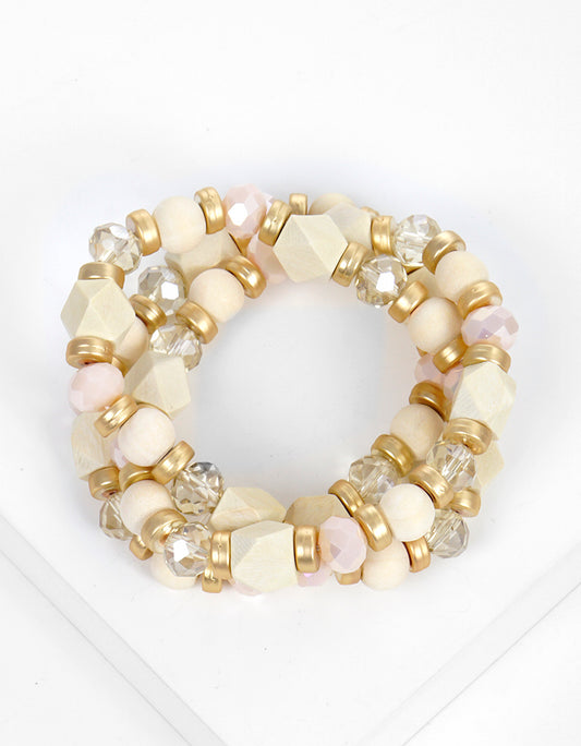 Set Of 3 Wood And Glass Beads Stretch Stackable Bracelet