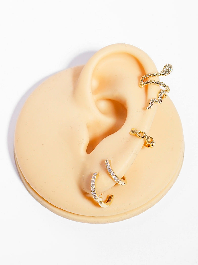 Set Of 4 White Gold Dipped Brass CZ Snake Ear Crawler With Ear Cuff And Huggie Hoop Earrings