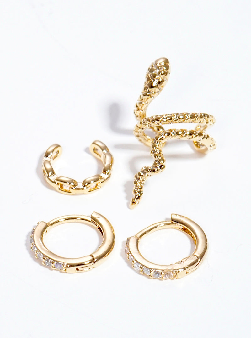 Set Of 4 18k Gold Dipped Brass CZ Snake Ear Crawler With Ear Cuff And Huggie Hoop Earrings