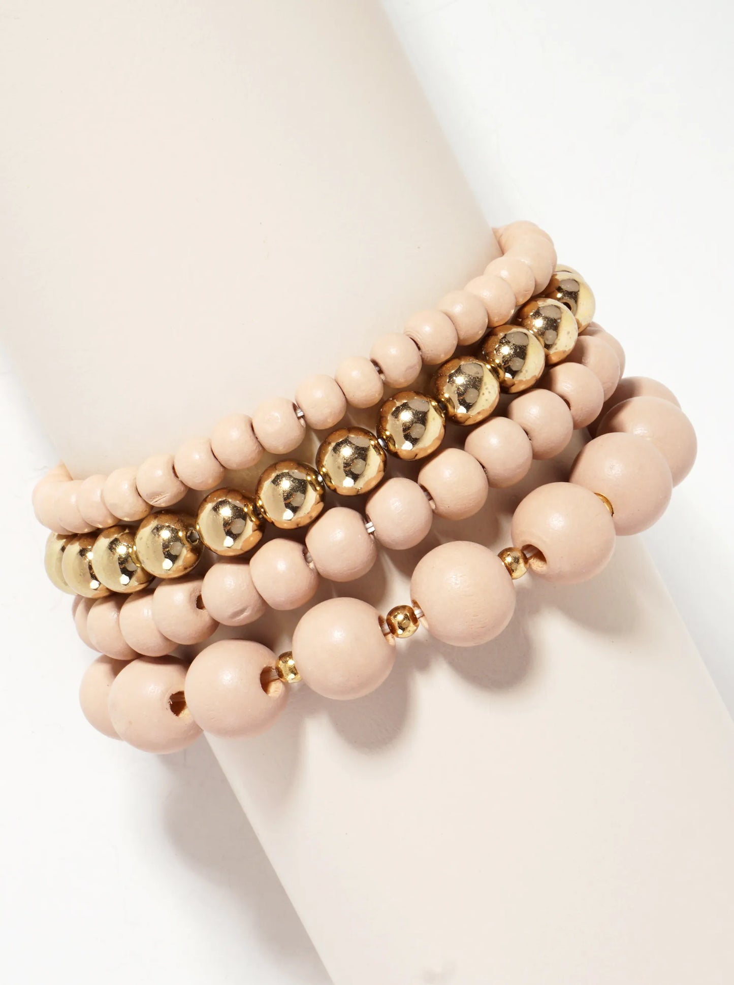 Set-of-4 6-12mm Wood And Metallic-Beads Stackable Stretch Bracelet