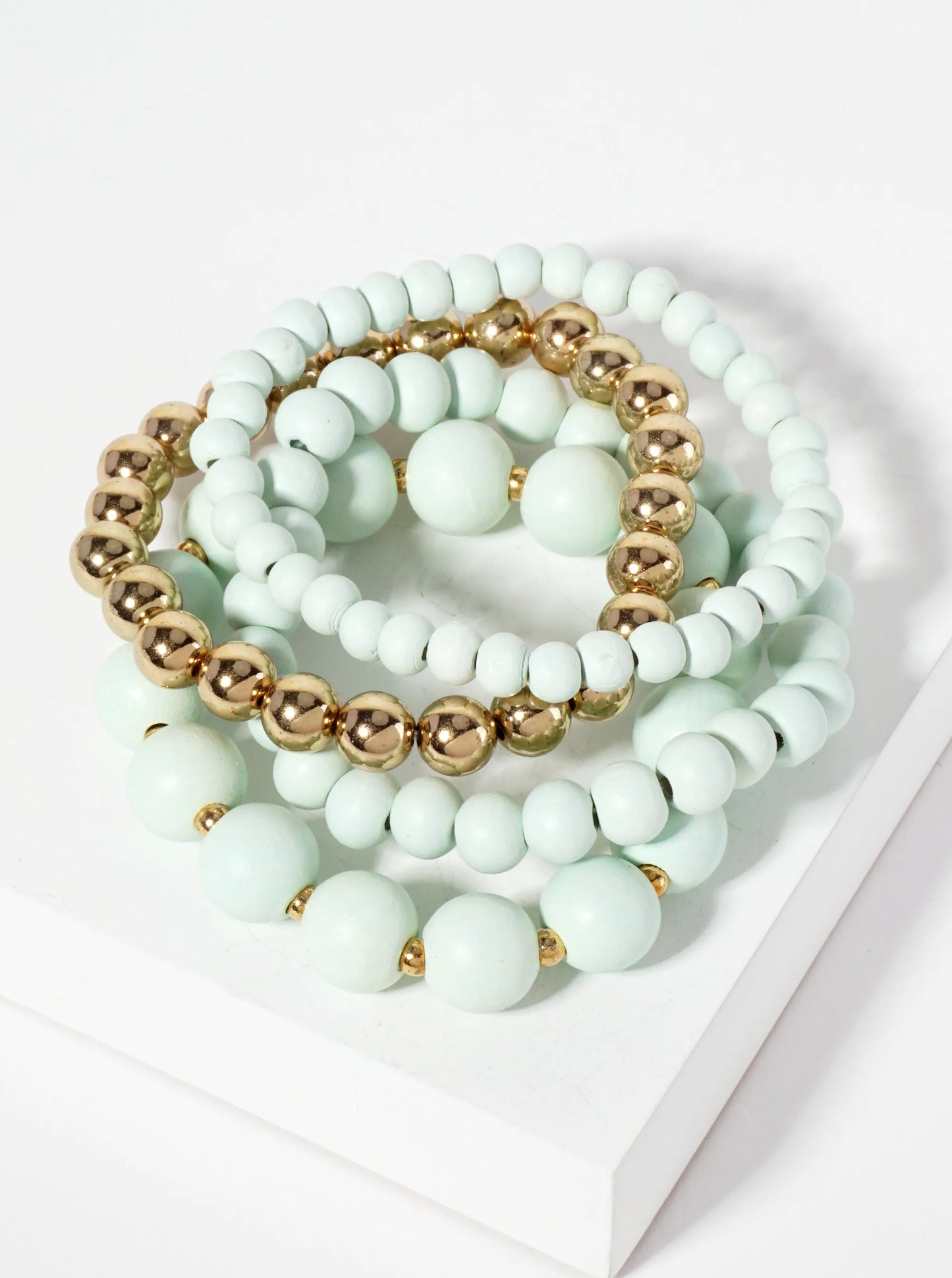 Set-of-4 6-12mm Wood And Metallic-Beads Stackable Stretch Bracelet