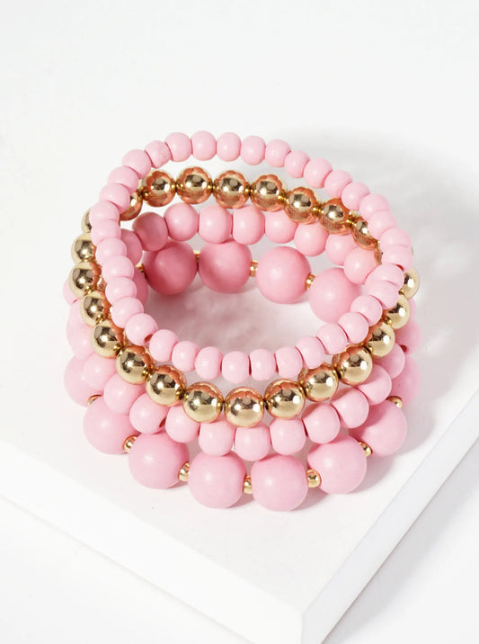 Set-of-4 6-12mm Wood And Metallic-Beads Stackable Stretch Bracelet