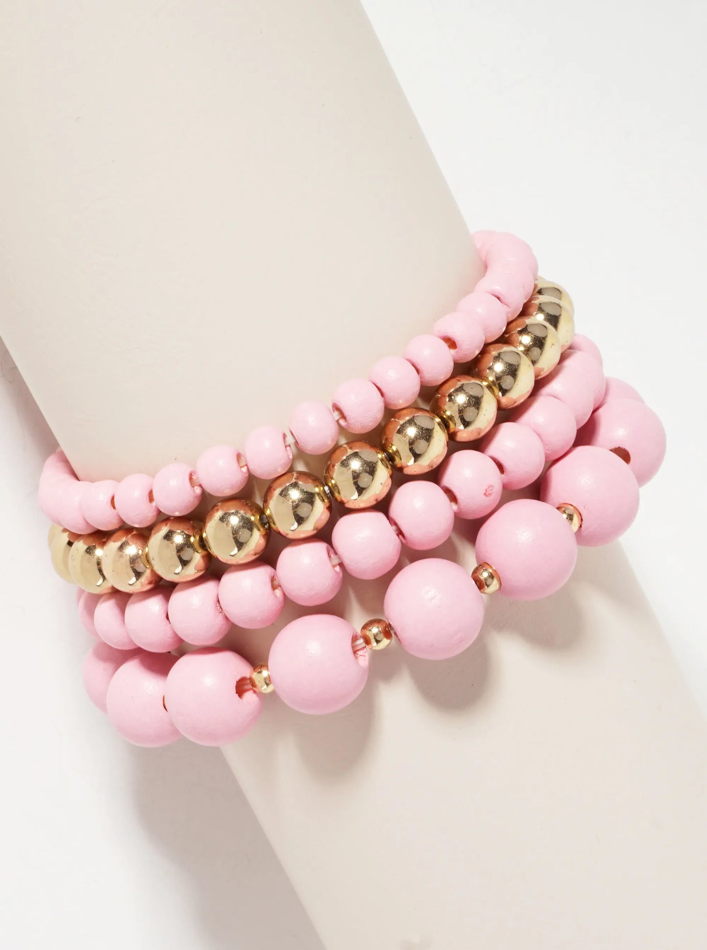 Set-of-4 6-12mm Wood And Metallic-Beads Stackable Stretch Bracelet