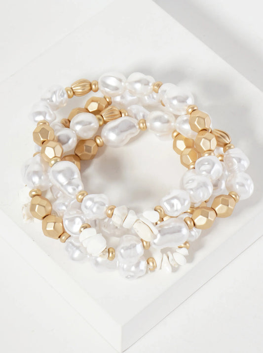 Set-of-4 Baroque Pearl And Metallic-Beads Stackable Stretch Bracelet