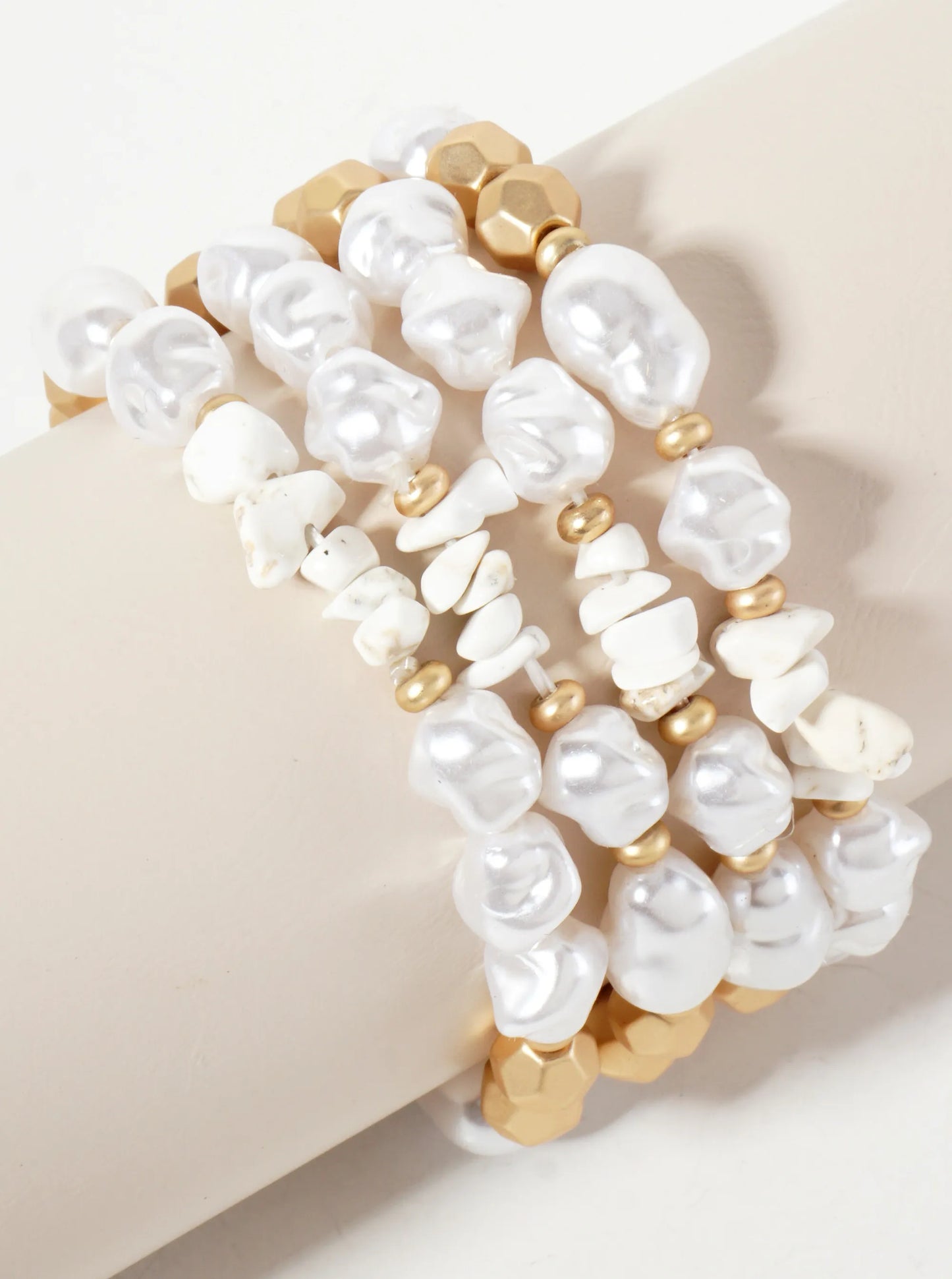 Set-of-4 Baroque Pearl And Metallic-Beads Stackable Stretch Bracelet