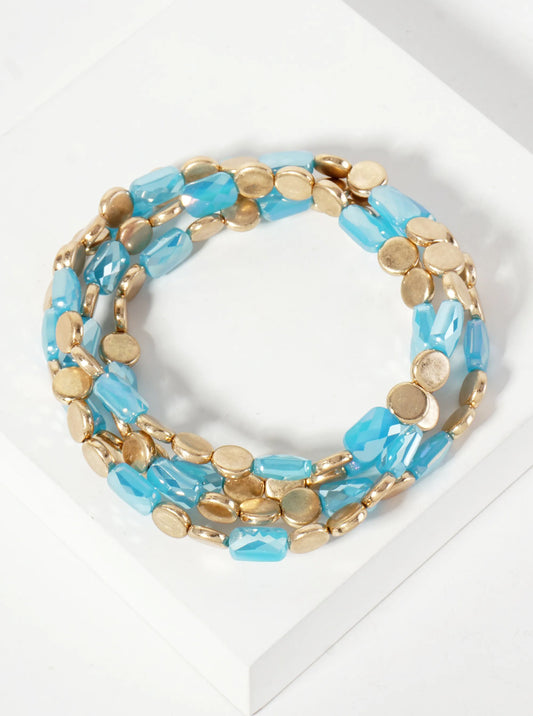 Set-of-4 Faceted Glass-Beads And Metallic Beads Stackable Stretch Bracelet