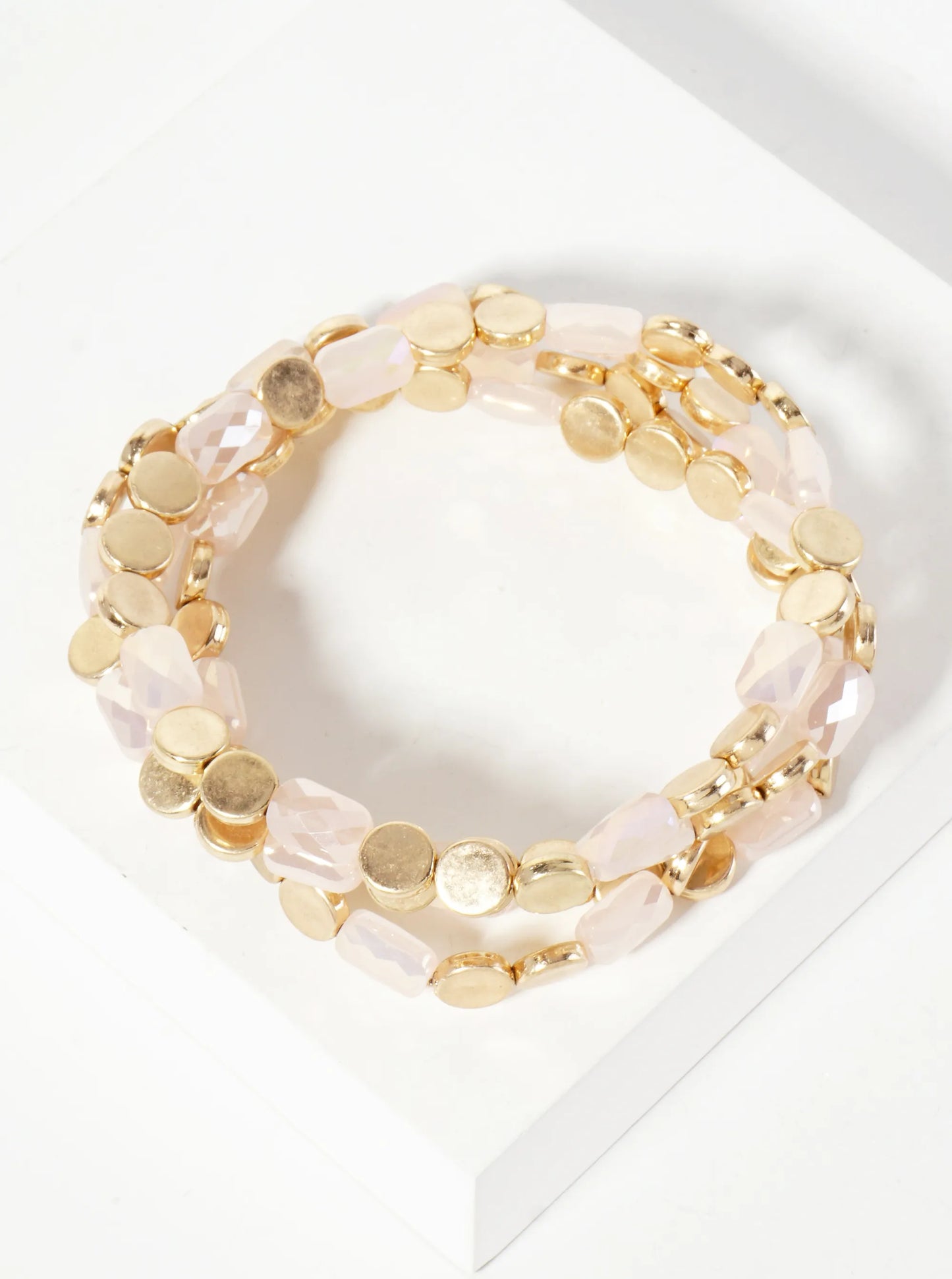 Set-of-4 Faceted Glass-Beads And Metallic Beads Stackable Stretch Bracelet