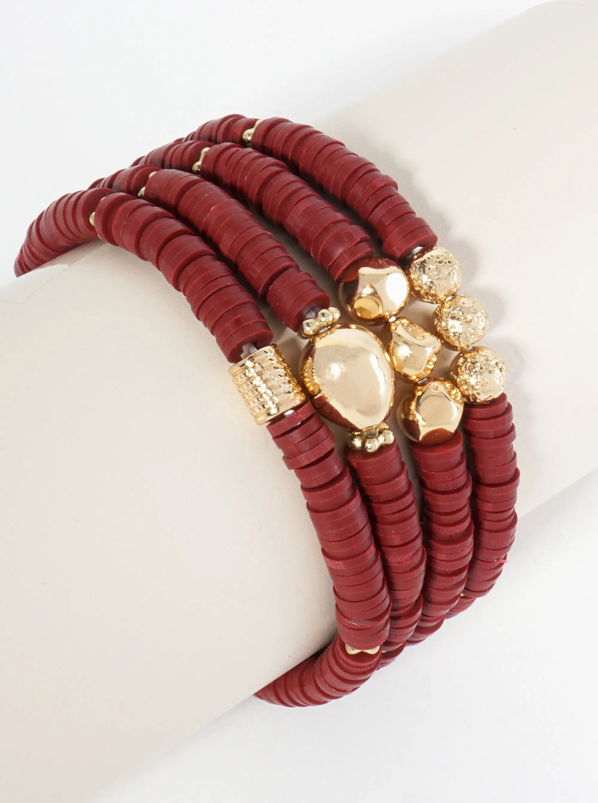 Set Of 4 Heishi Bead And Textured Metal Charm Stackable Stretch Bracelets
