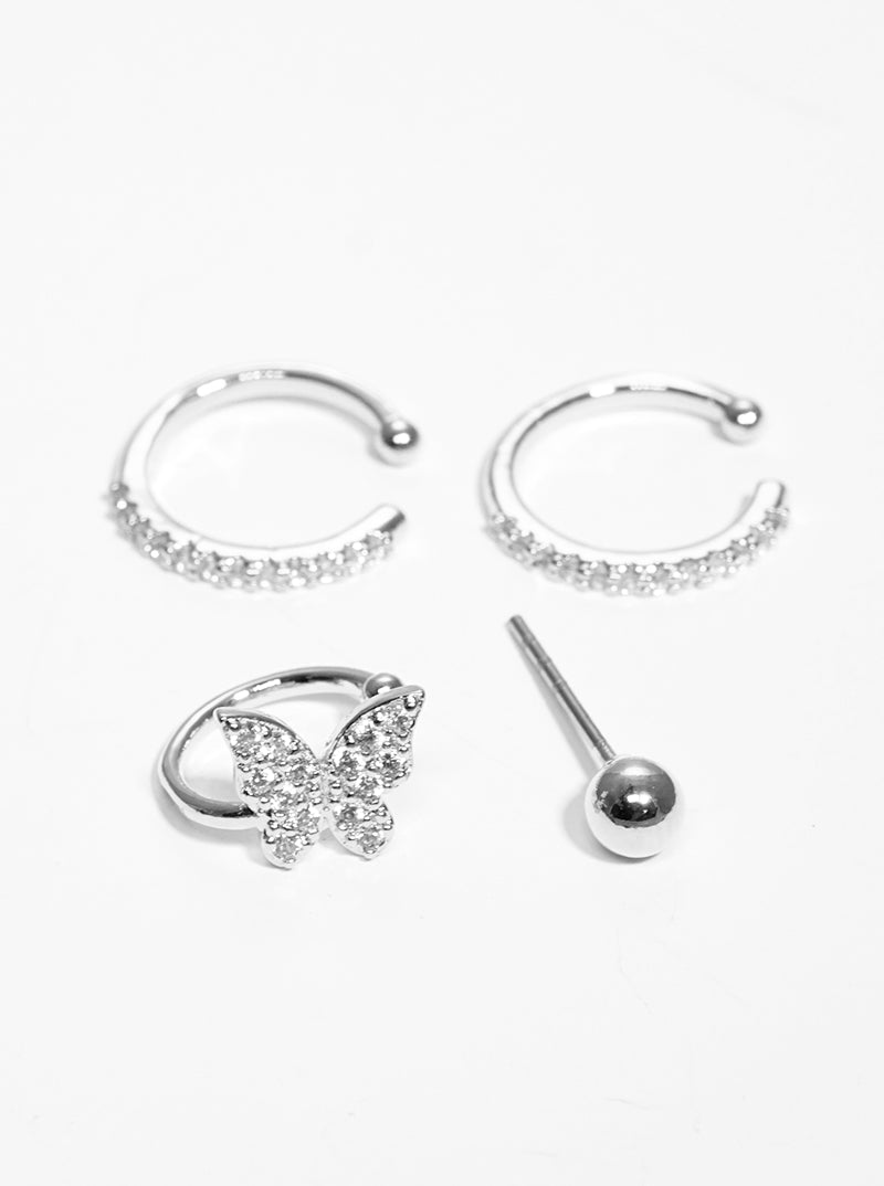 Set Of 4 White Gold Dipped Brass CZ Butterfly Ear Crawler With Ear Cuff And Huggie Hoop Earrings