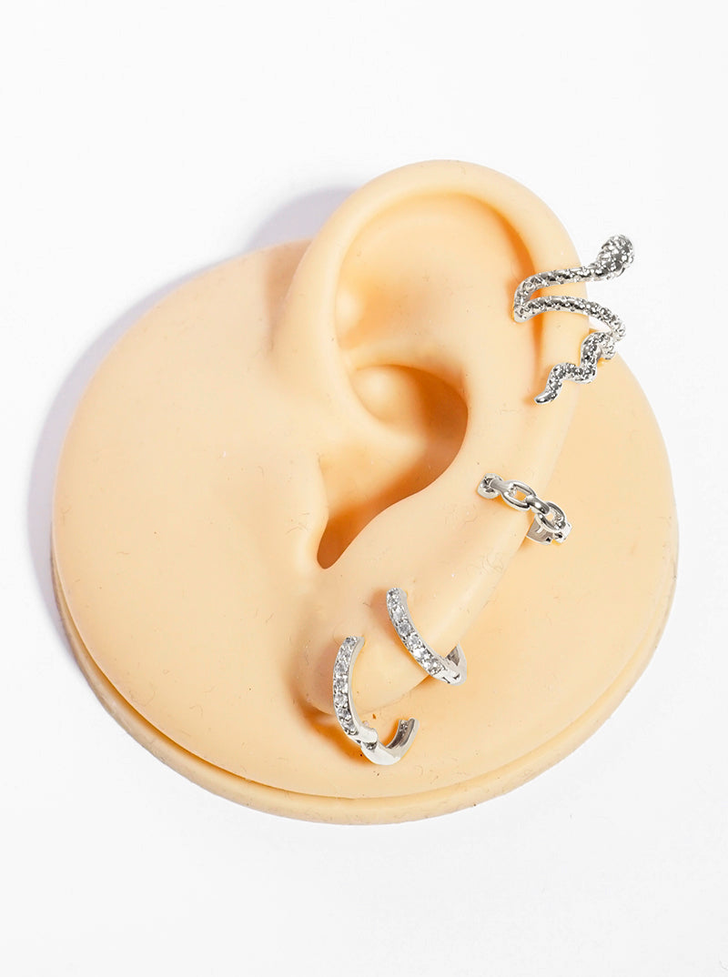 Set Of 4 White Gold Dipped Brass CZ Snake Ear Crawler With Ear Cuff And Huggie Hoop Earrings