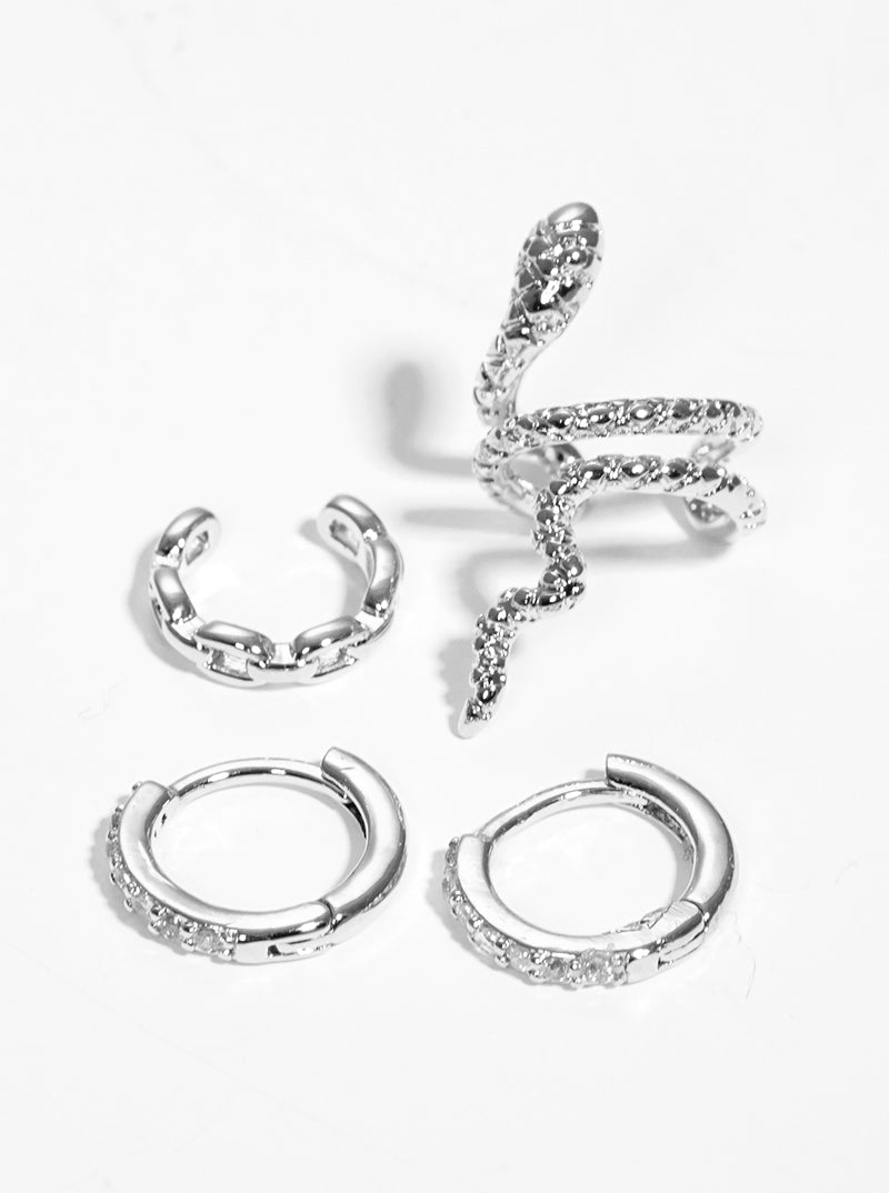 Set Of 4 White Gold Dipped Brass CZ Snake Ear Crawler With Ear Cuff And Huggie Hoop Earrings