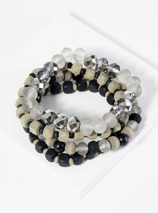 Set Of 4 Wood And Faceted Glass Beaded Stackable Stretch Bracelet