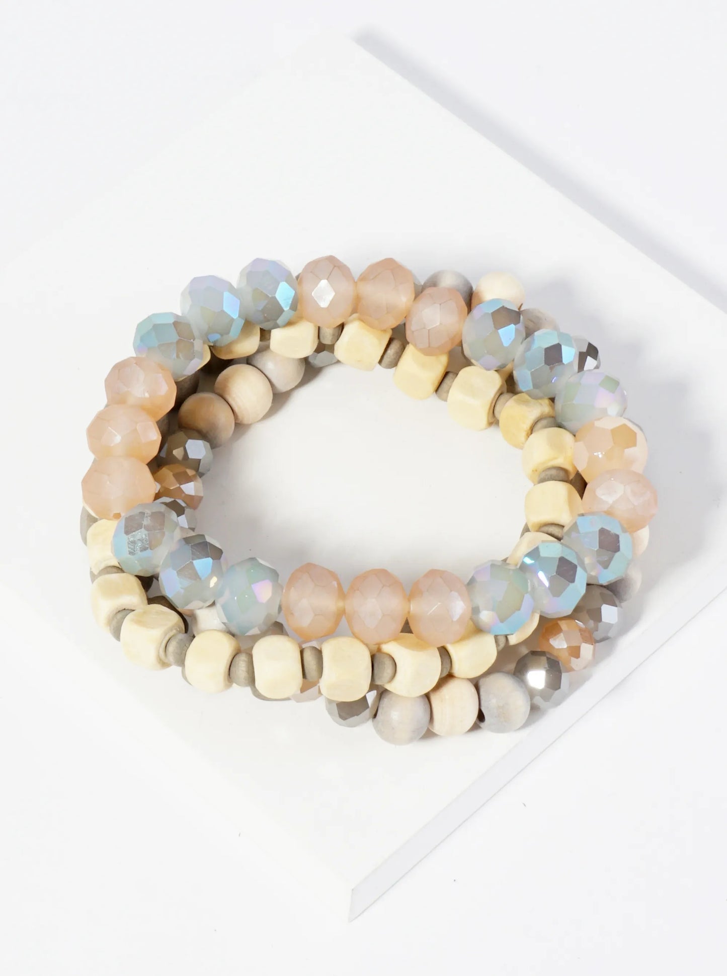 Set Of 4 Wood And Faceted Glass Beaded Stackable Stretch Bracelet