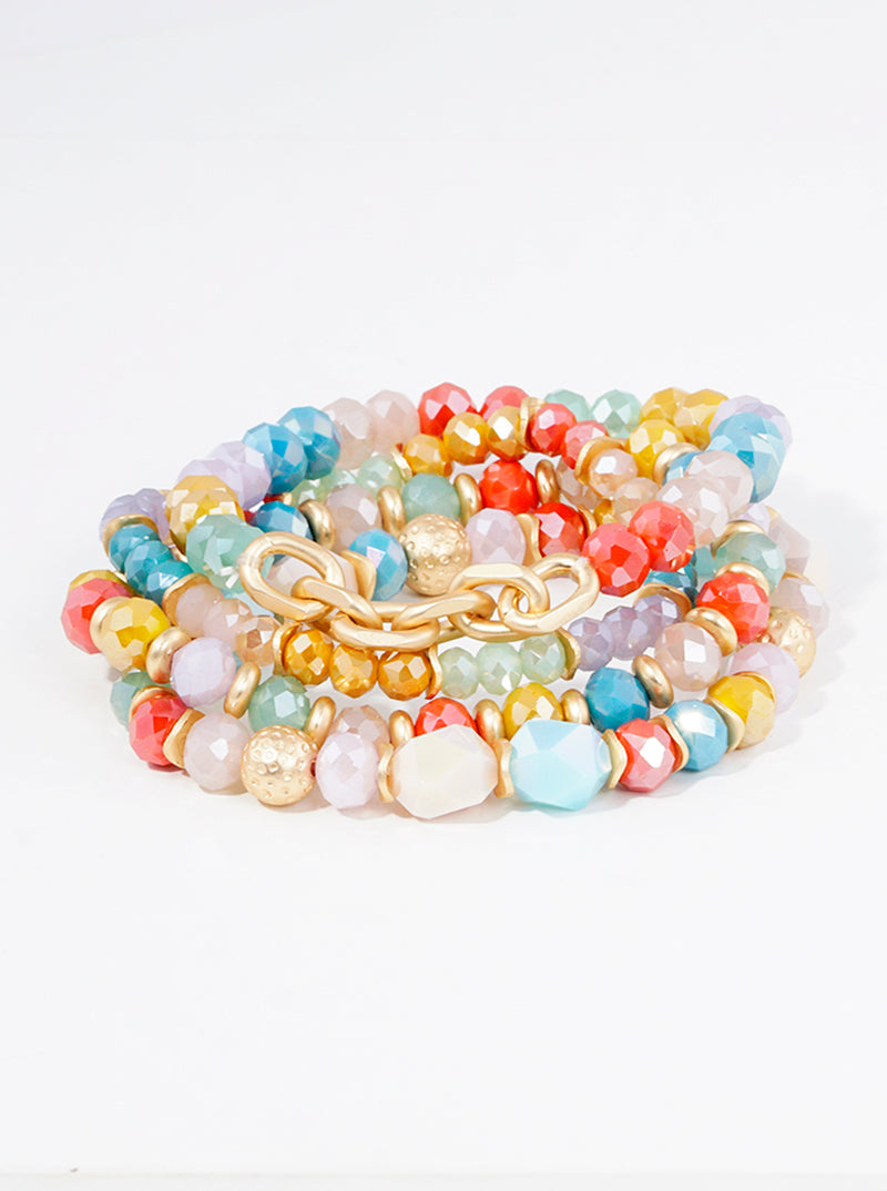 Set Of 4 Faceted Glass Beads Link Chain Stackable Stretch Bracelet