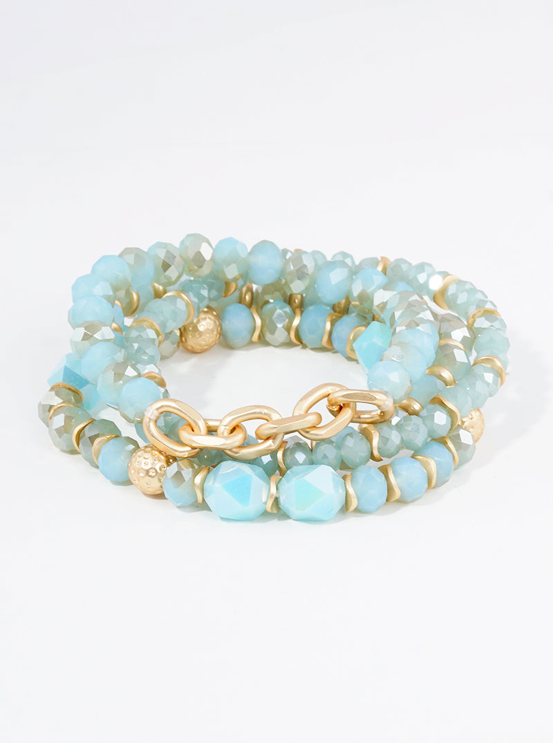 Set Of 4 Faceted Glass Beads Link Chain Stackable Stretch Bracelet