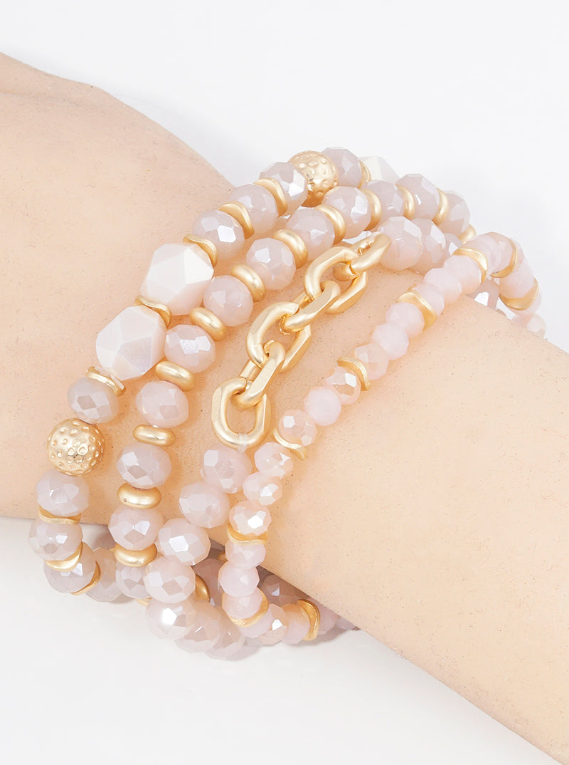 Set Of 4 Faceted Glass Beads Link Chain Stackable Stretch Bracelet