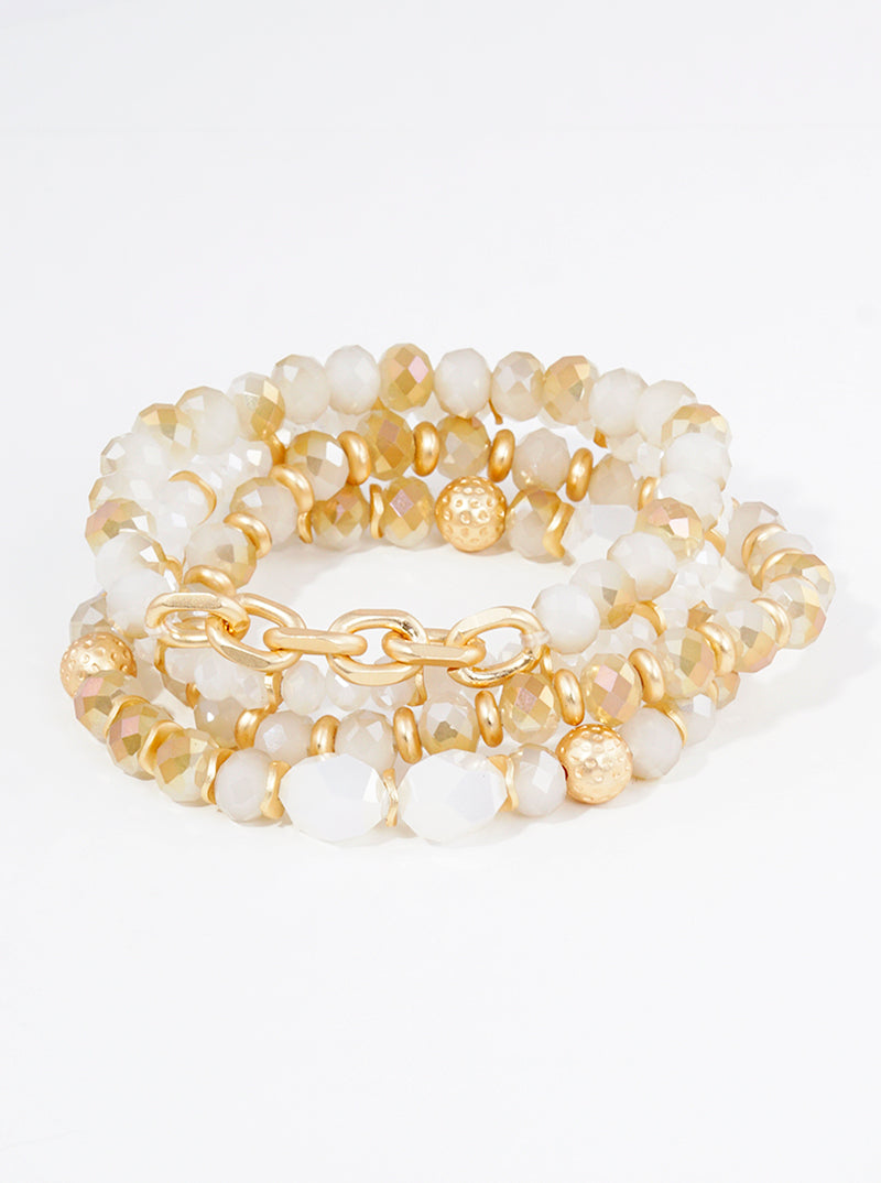 Set Of 4 Faceted Glass Beads Link Chain Stackable Stretch Bracelet
