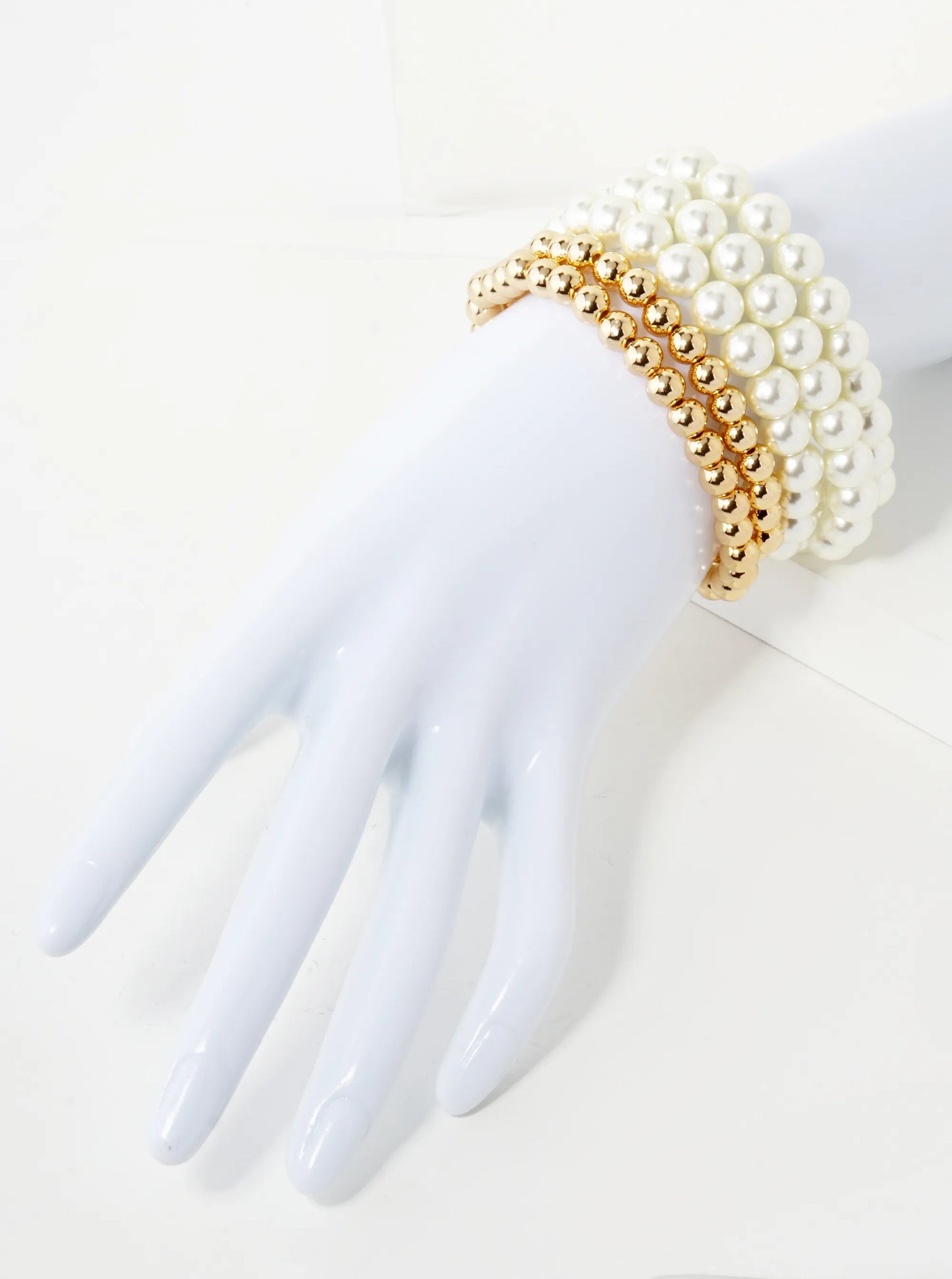 Set Of 5 5mm Metallic Beads 8mm Pearl Beaded Stackable Stretch Bracelet