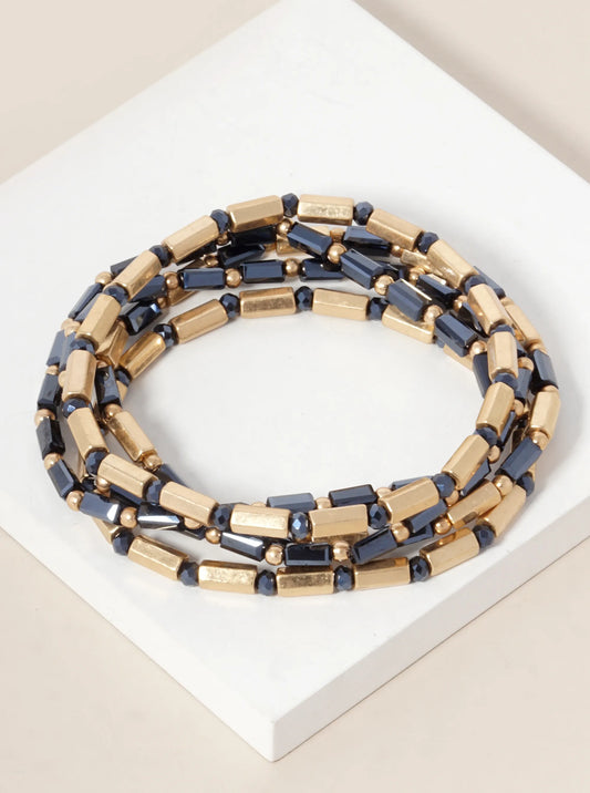 Set Of 5 Faceted Cylinder Glass Beaded Stackable Stretch Bracelet