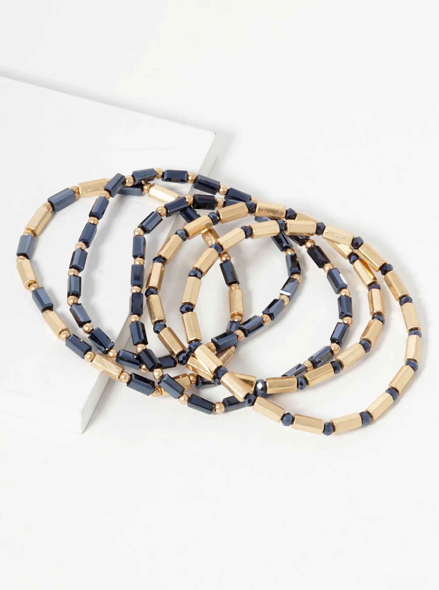 Set Of 5 Faceted Cylinder Glass Beaded Stackable Stretch Bracelet