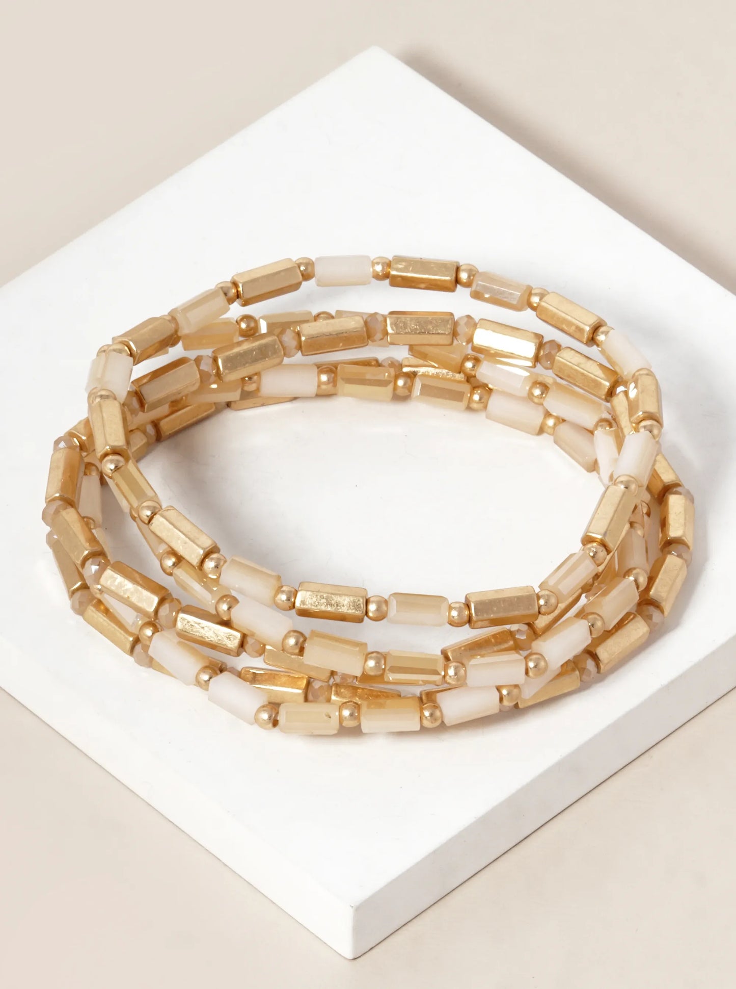 Set Of 5 Faceted Cylinder Glass Beaded Stackable Stretch Bracelet
