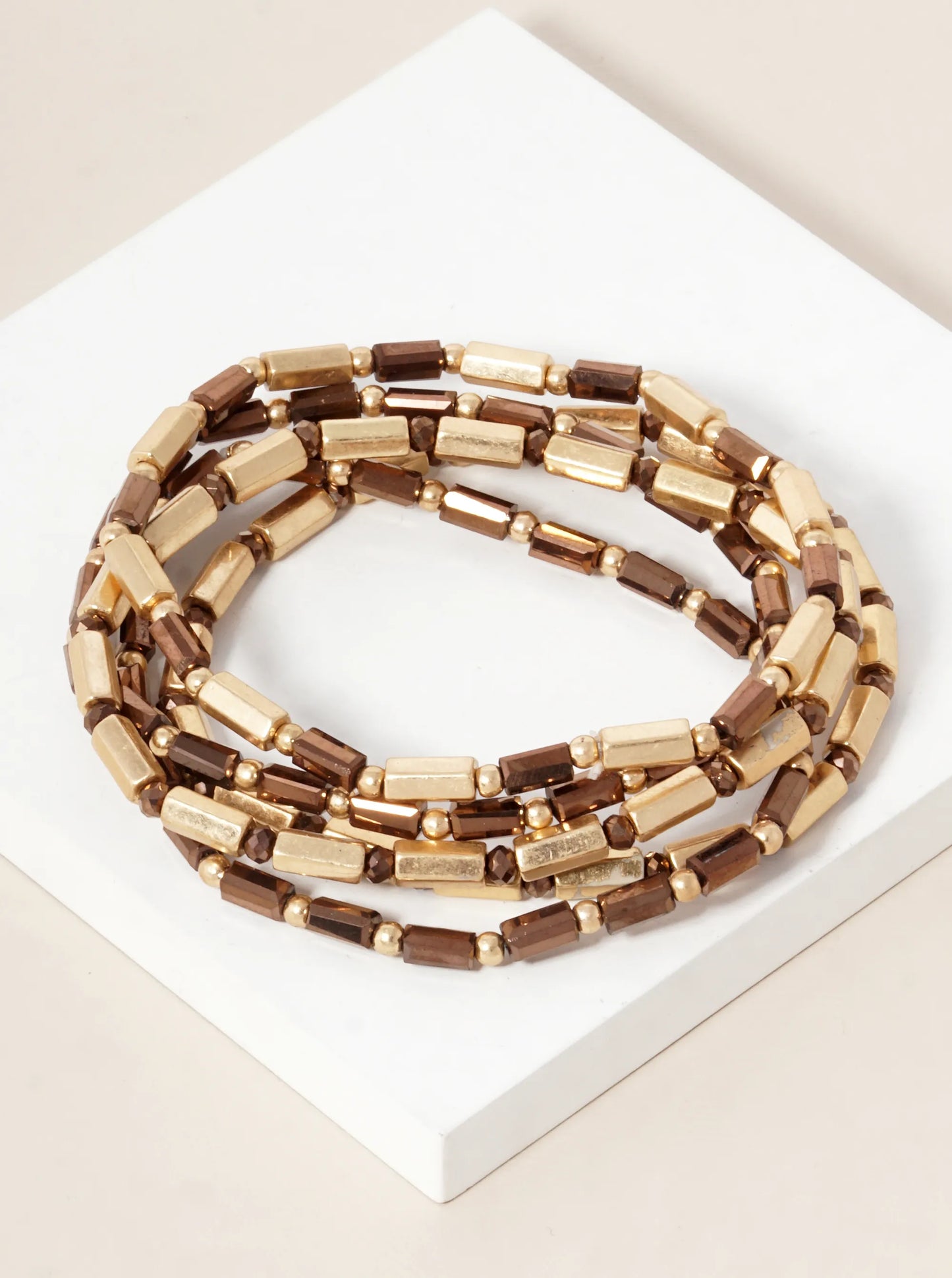 Set Of 5 Faceted Cylinder Glass Beaded Stackable Stretch Bracelet