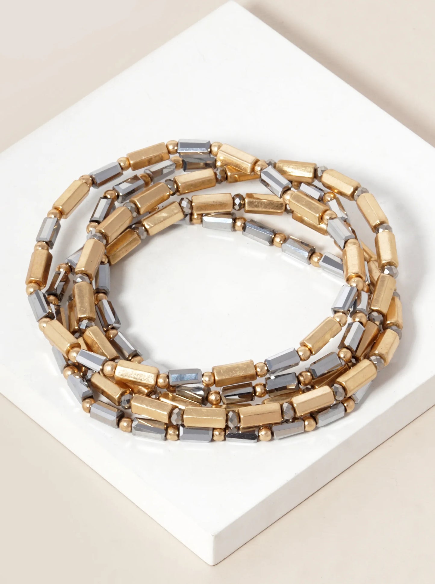 Set Of 5 Faceted Cylinder Glass Beaded Stackable Stretch Bracelet