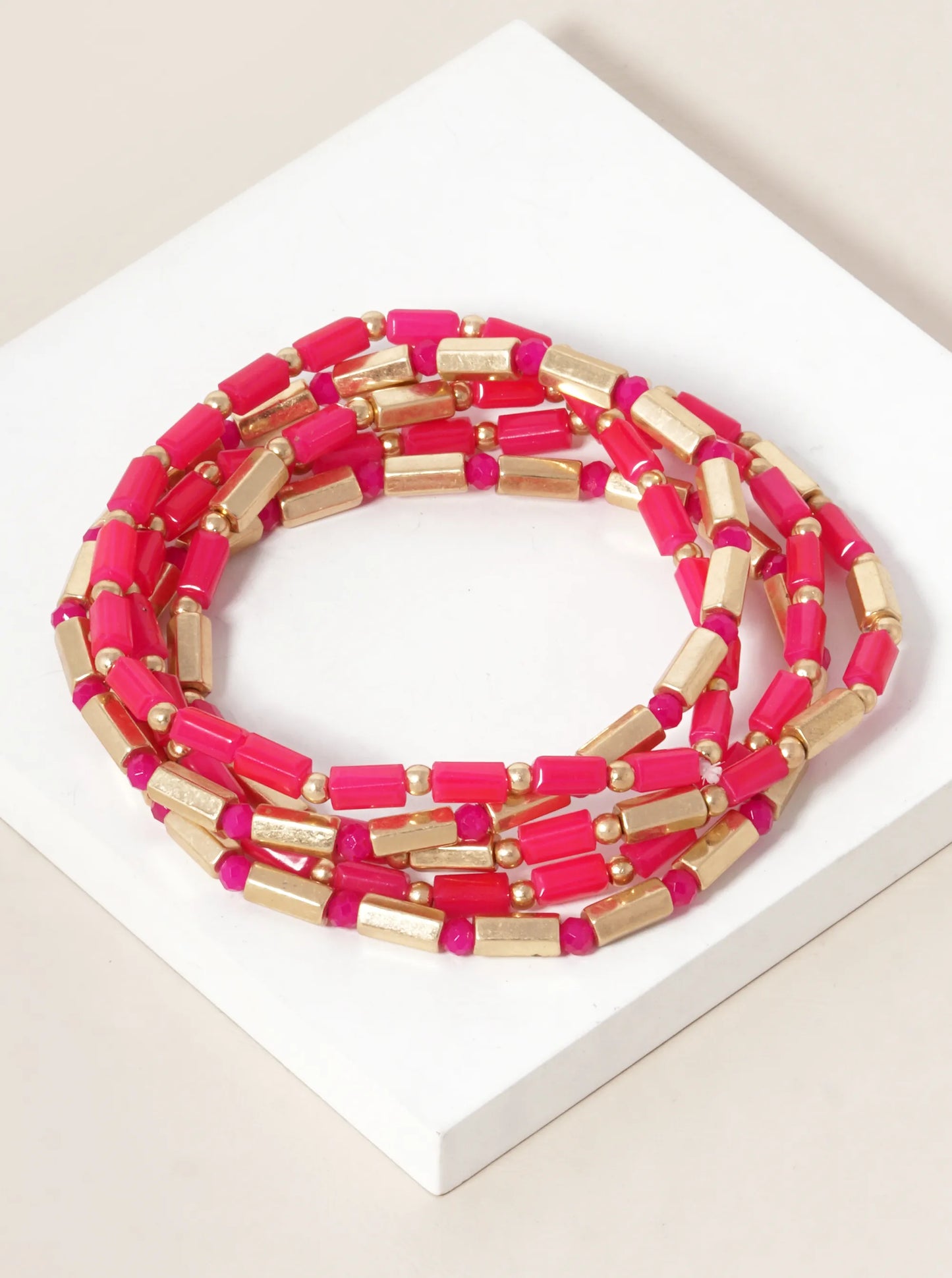 Set Of 5 Faceted Cylinder Glass Beaded Stackable Stretch Bracelet