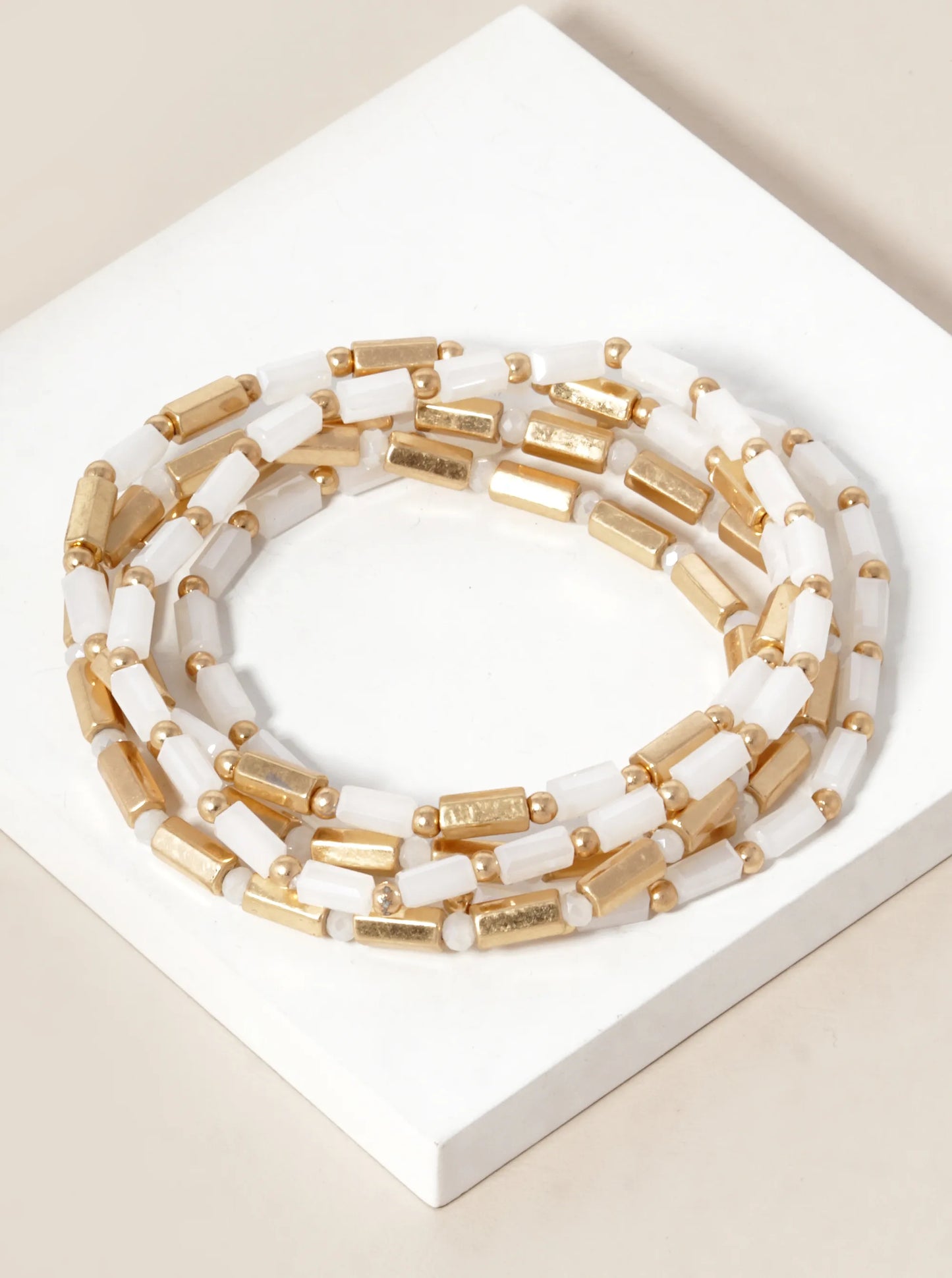 Set Of 5 Faceted Cylinder Glass Beaded Stackable Stretch Bracelet