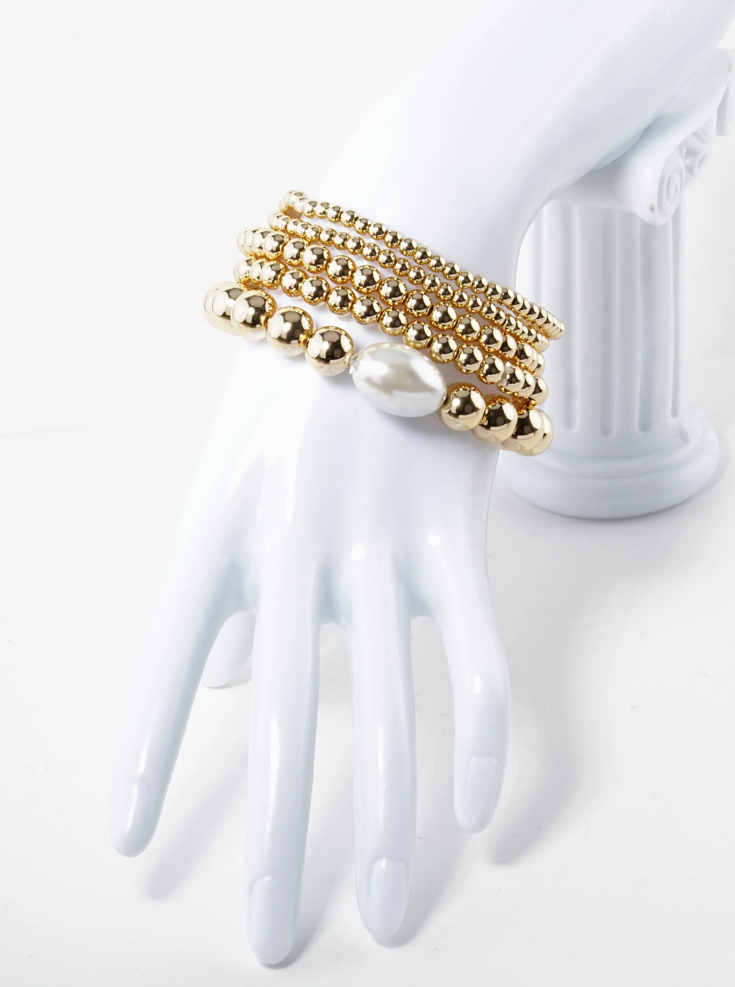 Set Of 5 Graduated Metallic Beaded Stackable Stretch Bracelet With Pearl Accents