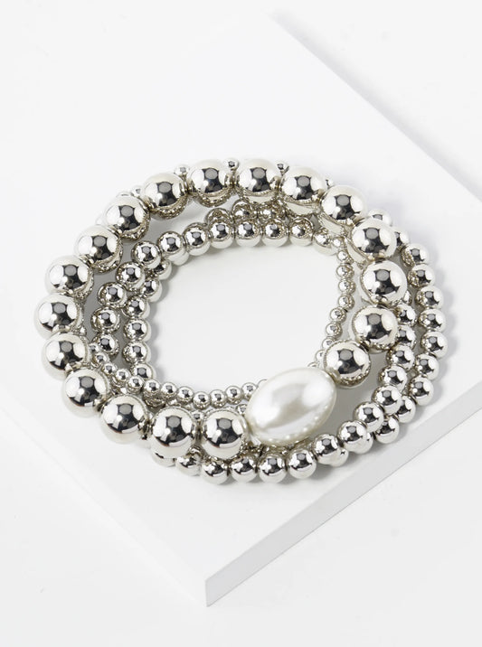 Set Of 5 Graduated Metallic Beaded Stackable Stretch Bracelet With Pearl Accents
